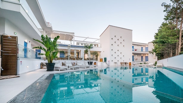 Une piscine intérieure avec des chaises longues et une plante en pot.