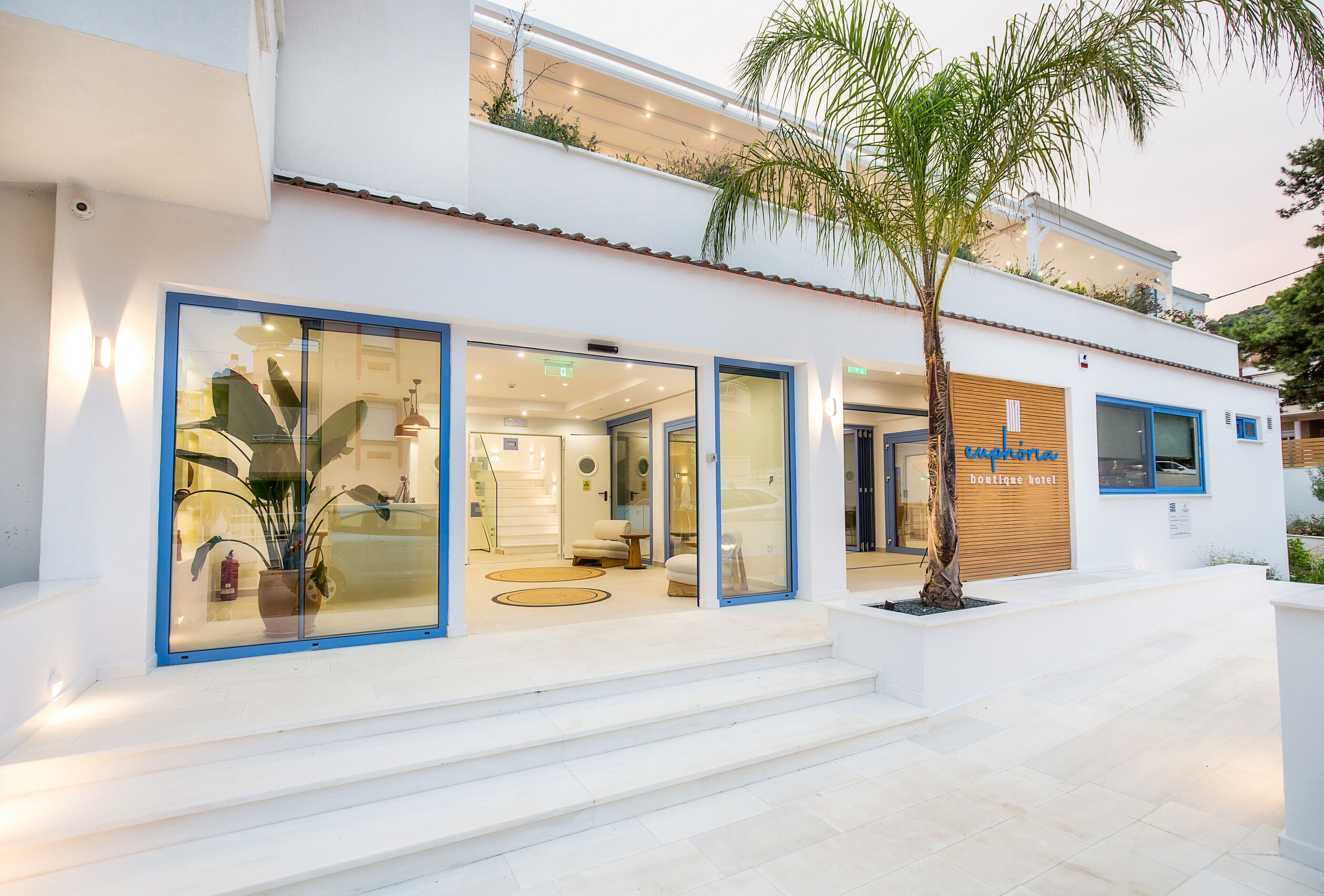 Ein stilvolles Boutique-Hotel mit modernem Design, große Glasfenster, eine Palme und ein gut beleuchteter Eingang.
