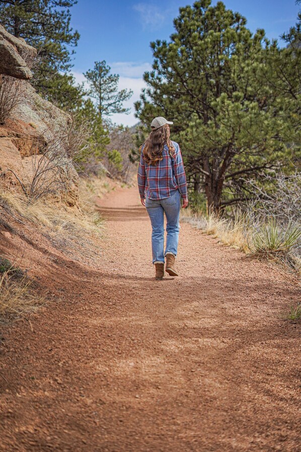 A dirt path with sparse vegetation and trees on either side. - Creekside Pack Cabin with 360° Mountain Views (Cascade-Chipita Park)