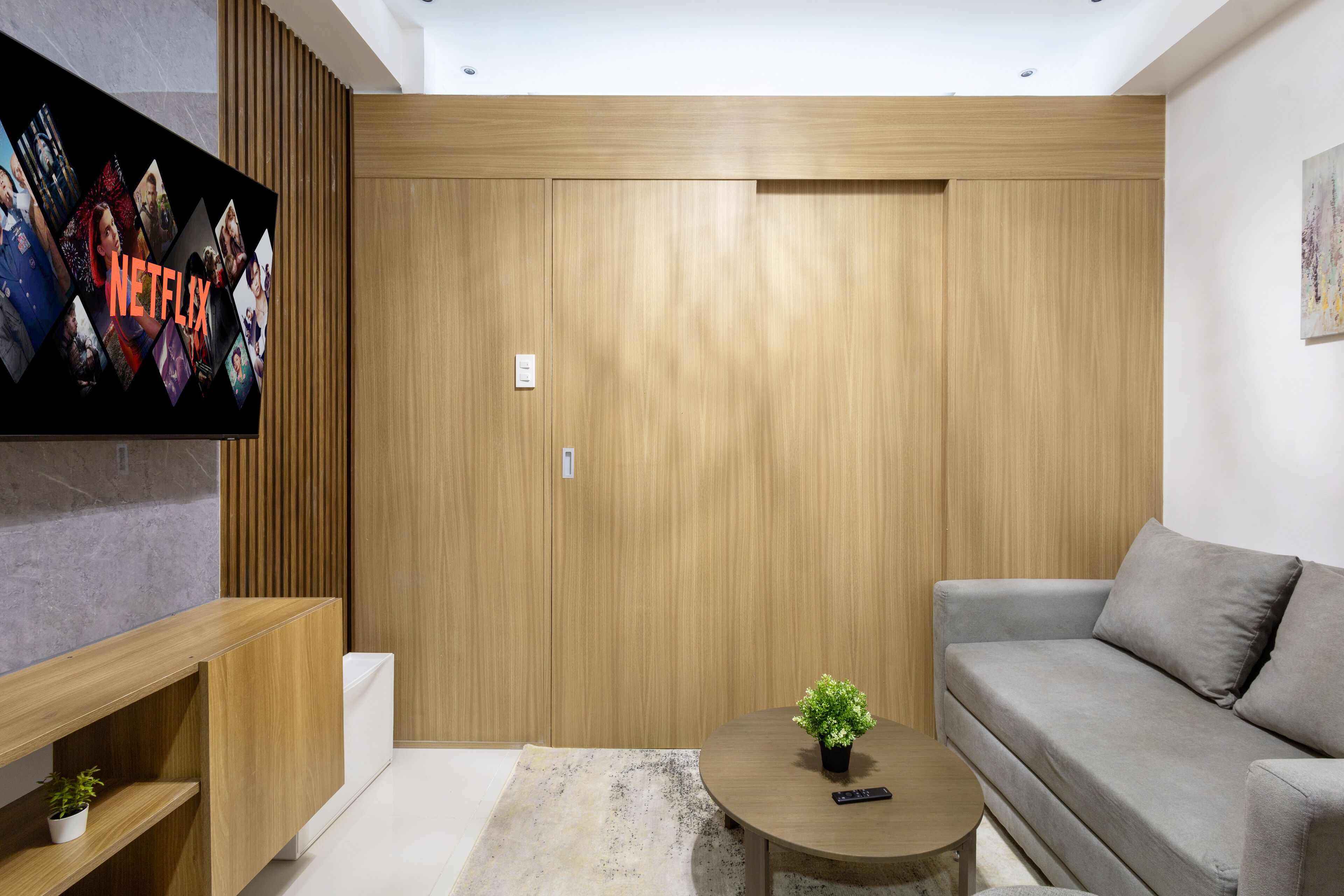A modern living room with a grey sofa, a round coffee table with a plant, a TV displaying Netflix content, and wooden paneling on the walls.