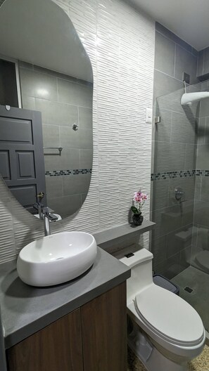 Dusche, Haartrockner, Handtücher, Seife