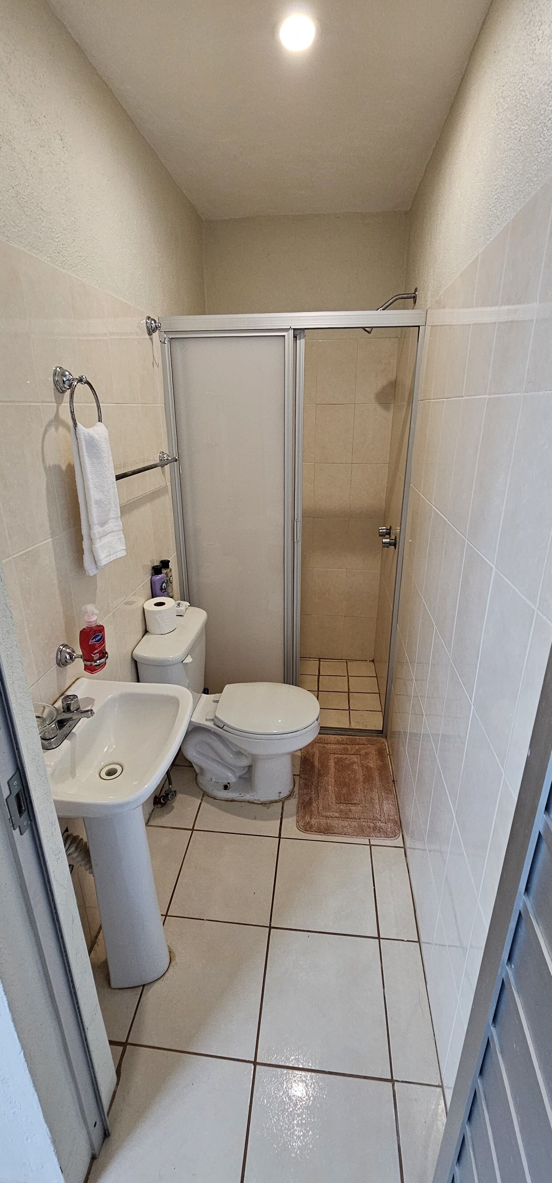 Une petite salle de bain avec des toilettes, un lavabo et un espace douche.