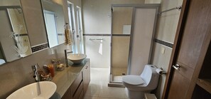Un baño moderno con un lavabo grande, un inodoro y una zona de ducha.