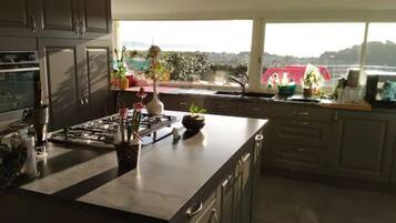 Fridge, microwave, oven, stovetop