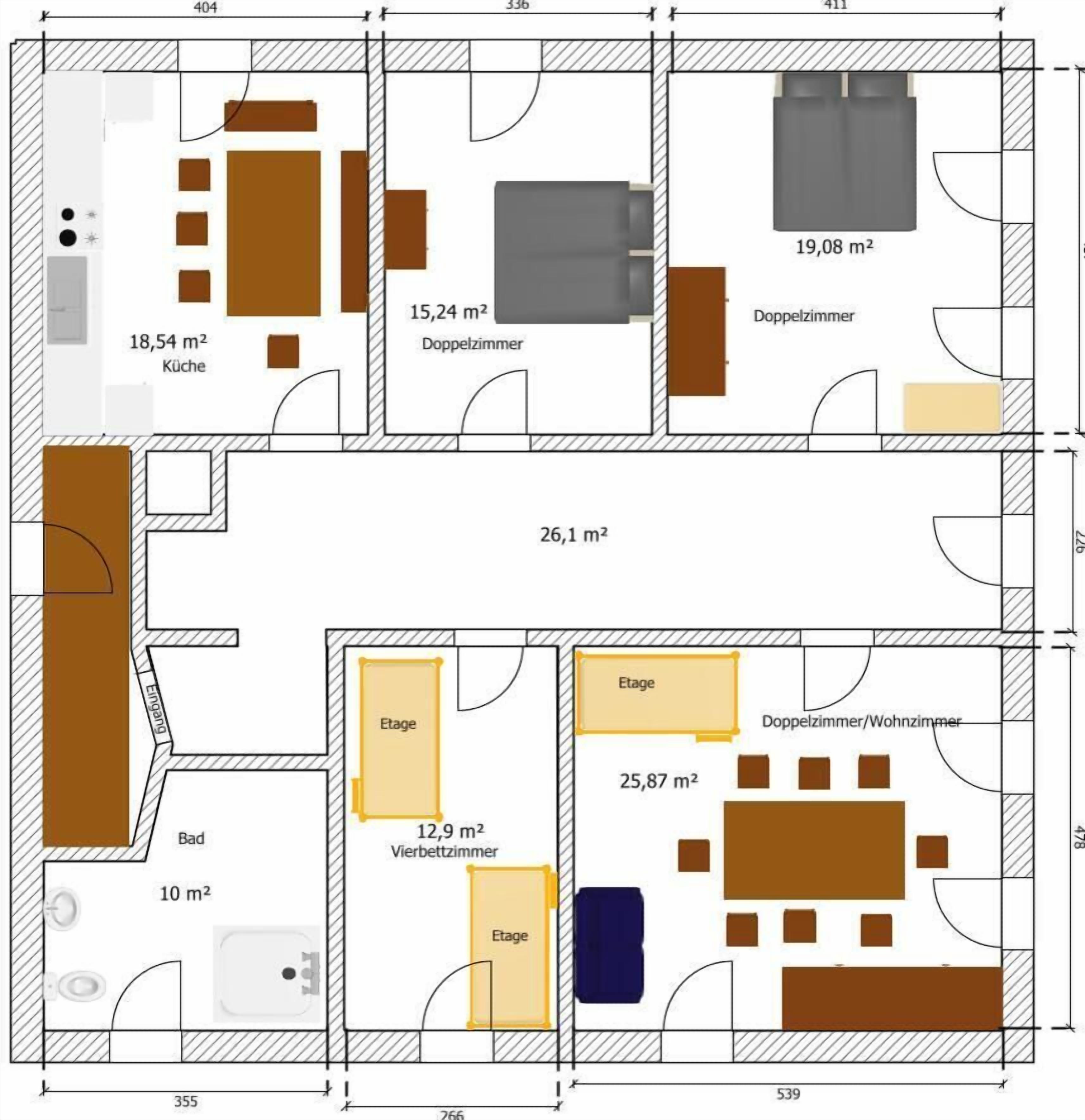 A floor plan with a kitchen (18.54 m²), two double rooms (15.24 m² and 19.08 m²), a bathroom (10 m²), a living room (26.1 m²), and a dining area (12.9 m²).