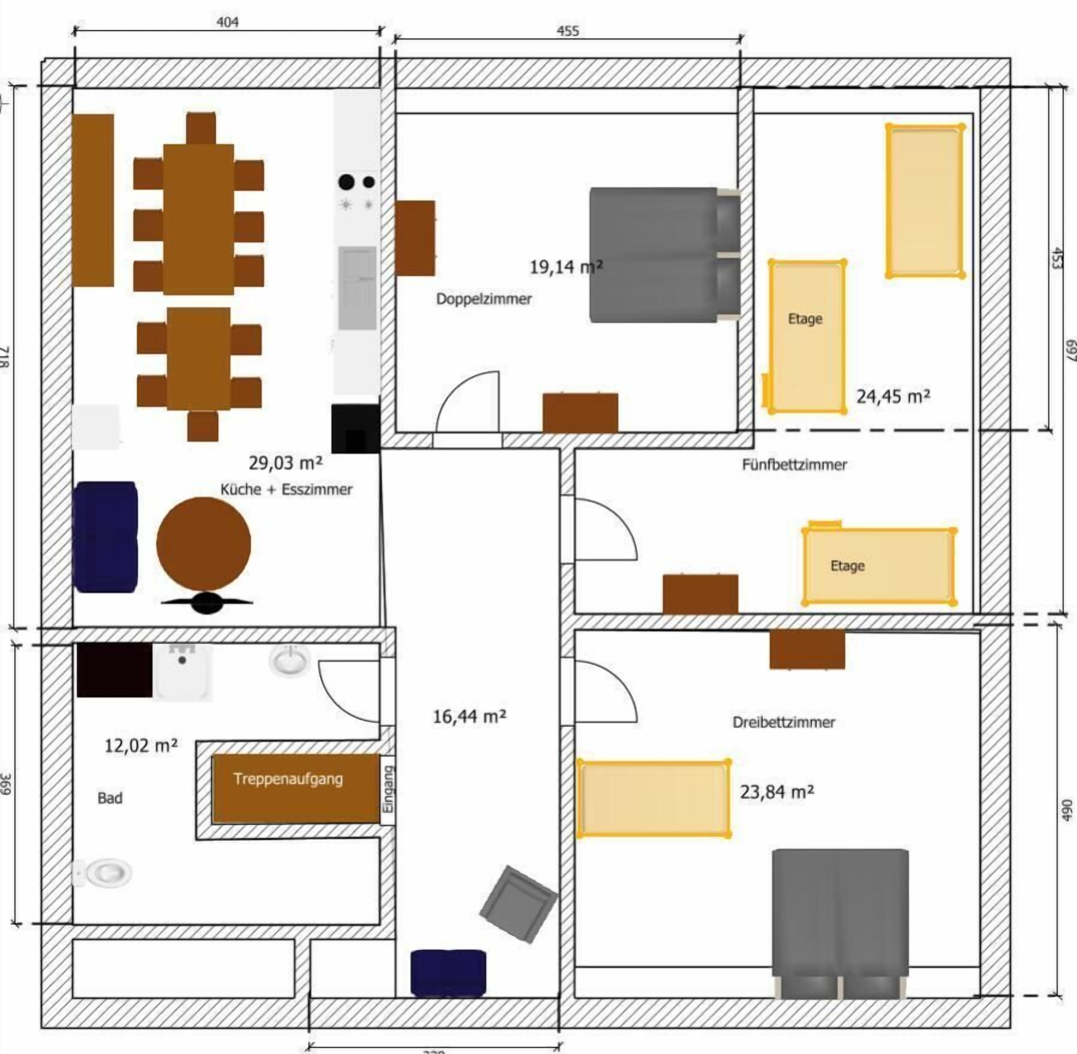 A hotel layout with a double room, ensuite bathroom, kitchen, bathroom, and a terrace area.
