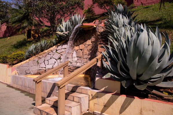 Una piscina al aire libre, sillones reclinables de piscina