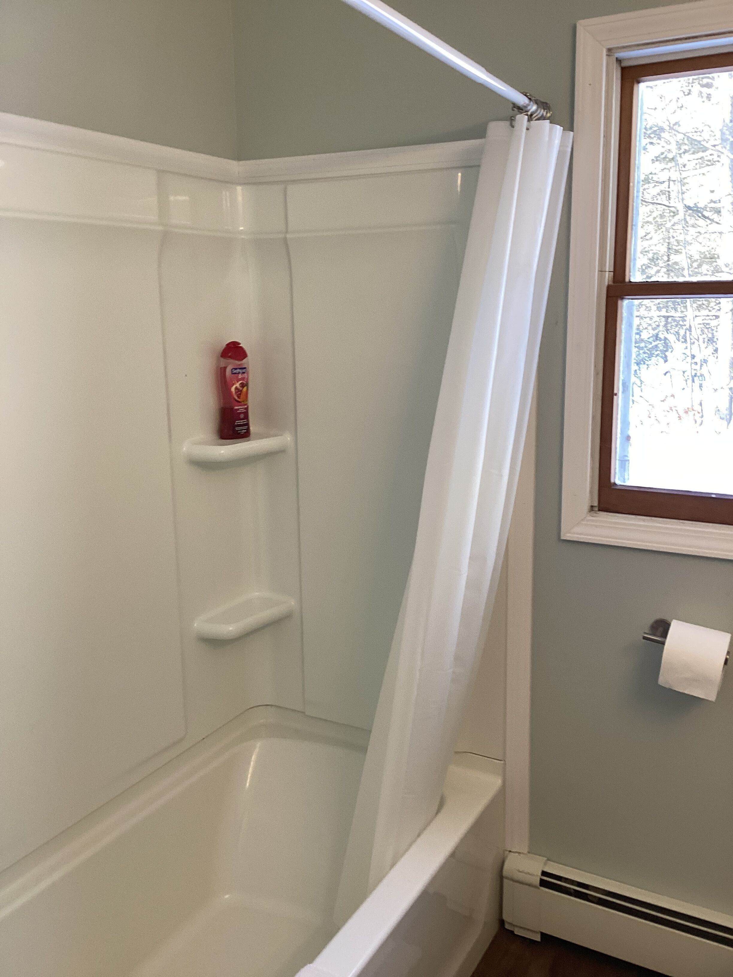 Une salle de bain avec une baignoire blanche, un rideau de douche, un porte-rouleau de papier toilette et une fenêtre donnant sur des arbres.