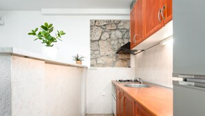 Una cocina compacta con azulejos blancos, armarios de madera, una pared decorativa de piedra y una pequeña planta en maceta.