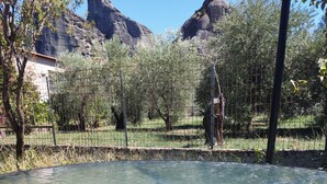 Una piscina cristallina circondata da alberi con montagne sullo sfondo.
