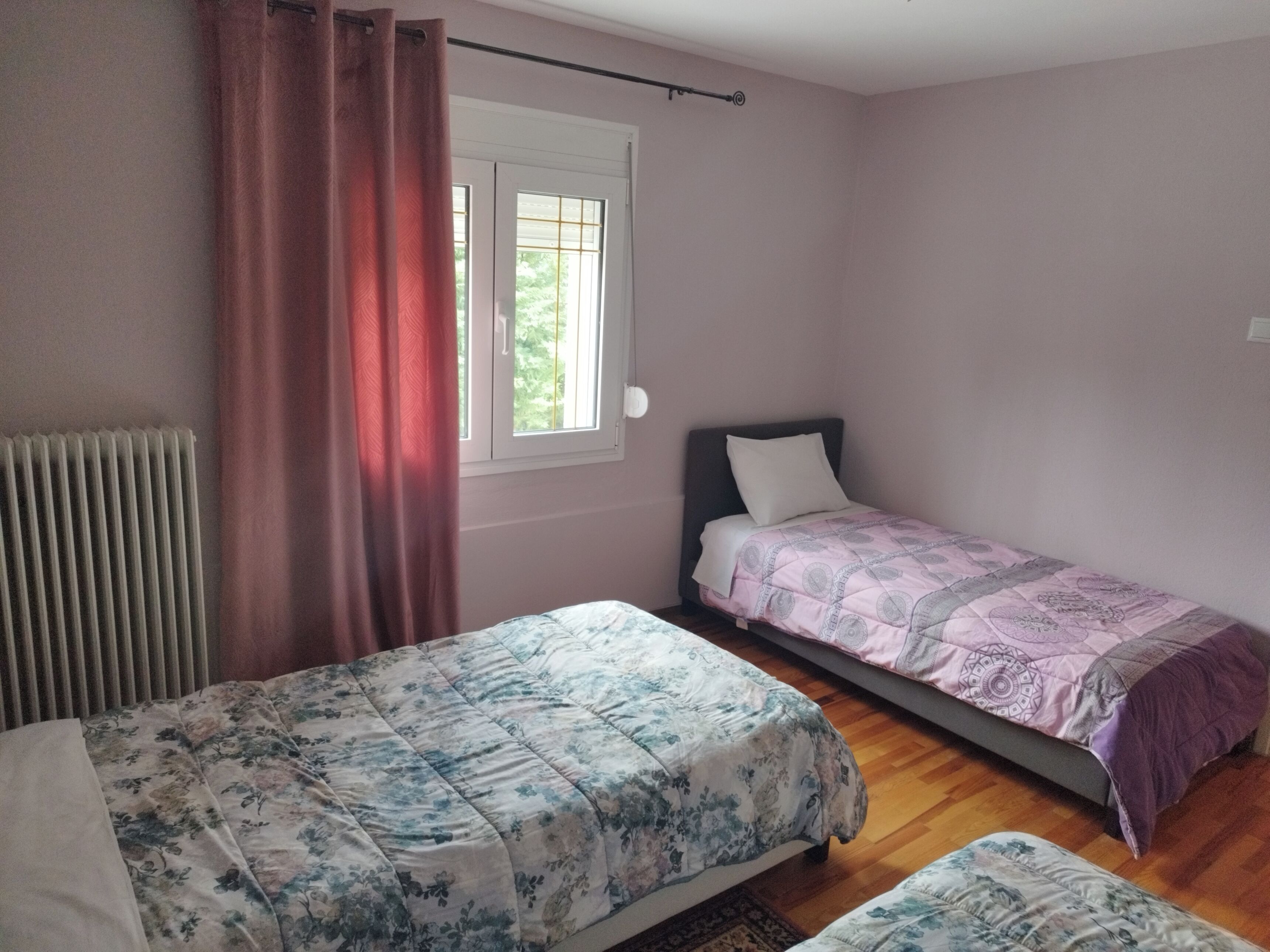 A bedroom with two beds, a window with a view of greenery, and a radiator.