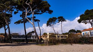 A beach area with trees, a building, and a sandy ground.
