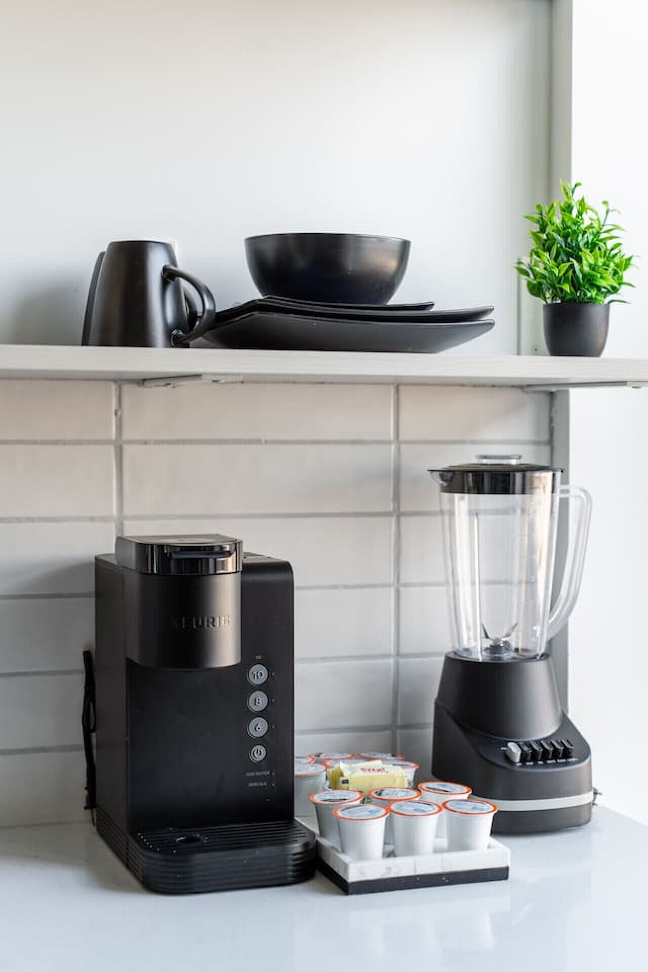 Une cuisine équipée d’une machine à café, d’un mixeur et d’une plante en pot posée sur le plan de travail.