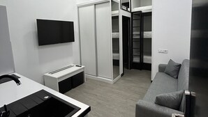 Un espacio habitable moderno y funcional con kitchenette, un sofá gris, un televisor montado en la pared y un armario empotrado con espejo.
