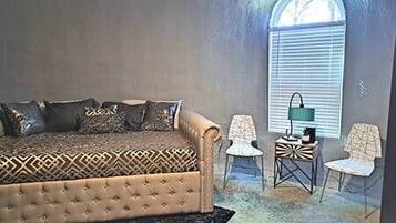 Smart TV, fireplace, books