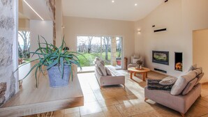Un salon moderne avec une grande plante en pot, un canapé, une table basse et une cheminée.