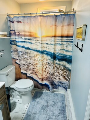 Hair dryer, towels, soap, shampoo