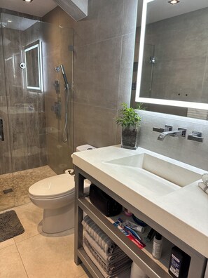 Shower, hair dryer, towels, soap