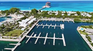Un puerto deportivo con varias muelles y un crucero al fondo.