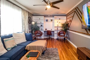 Smart TV, fireplace, foosball, table tennis