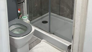 A small, modern bathroom with a shower, toilet, and a small sink. - STUDIO FLAT IN ACTION  (London)