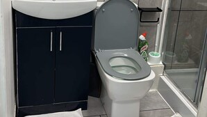 A compact bathroom with a white sink, dark cabinets, a toilet, and a shower area. - STUDIO FLAT IN ACTION  (London)