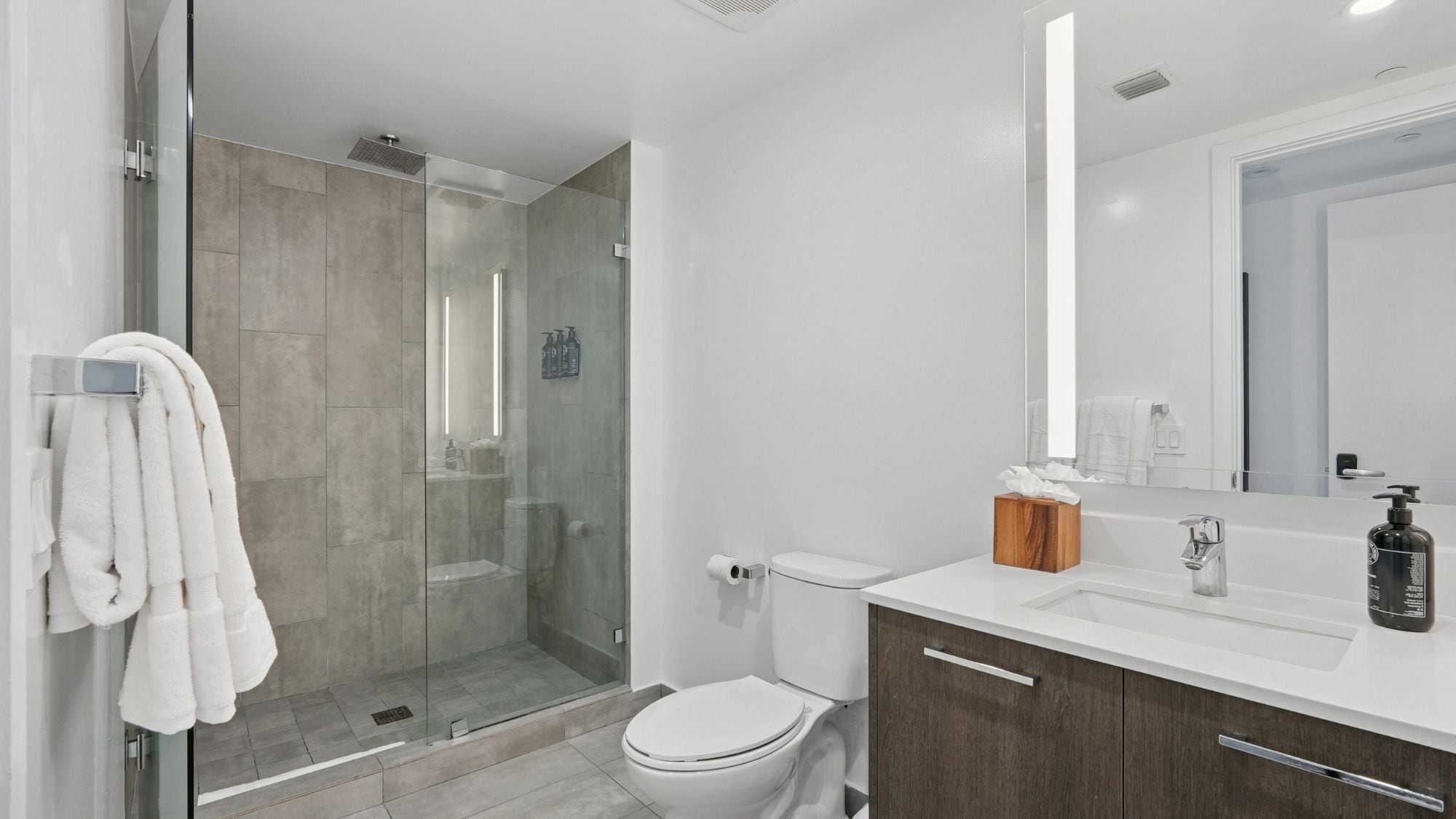 A modern bathroom with a glass-enclosed shower, a white toilet, and a vanity with a mirror and toiletries.