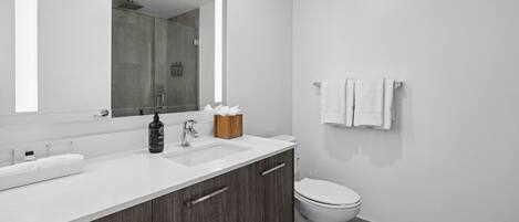 Une salle de bain moderne avec un lavabo blanc, des meubles en bois foncé, un grand miroir et des toilettes.