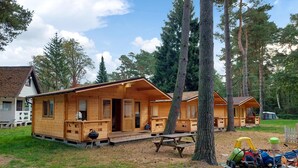Een chalet met een veranda, een barbecue en een picknicktafel.