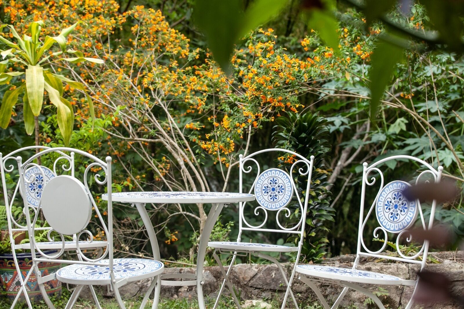 Un jardín con sillas de metal blanco y una mesa, rodeado de abundante follaje y flores anaranjadas.