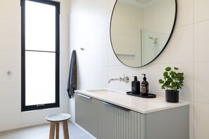 Hair dryer, towels, soap, shampoo