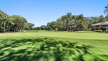 A golf course with a well-maintained green, trees, and a building in the background.