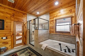 Shower, jetted bath, towels