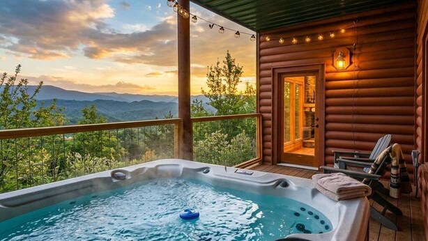 A hot tub on a wooden deck with a view of mountains and trees. - Mtn Top Retreat Summer Specails 4BR/Sauna/Pool Table/Stunning Views! (Sevierville)