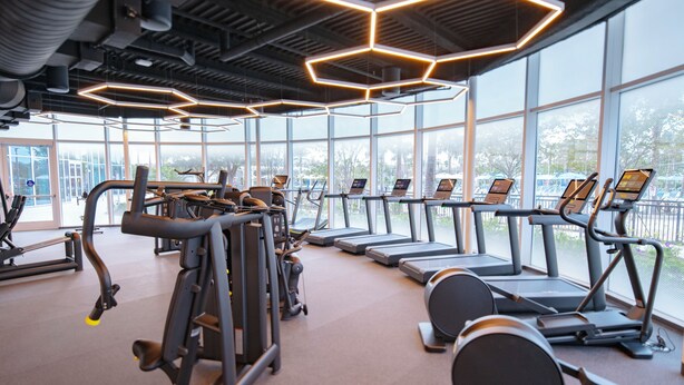 A gym with treadmills, elliptical machines, and weight equipment.