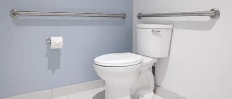 A white toilet with a tank, a roll of toilet paper, and two grab bars mounted on the wall.