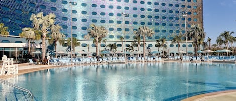 Outdoor pool, open 9:00 AM to 10:00 PM, pool umbrellas, pool loungers