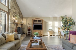 TV connectée, cheminée, livres