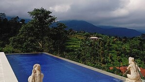 Une piscine avec vue sur les montagnes et la verdure.