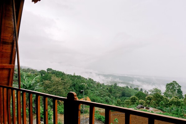 A wooden balcony overlooking a lush, green landscape with a view of a valley and mist-covered mountains. - Camaradvipa Retreat Munduk (Munduk)