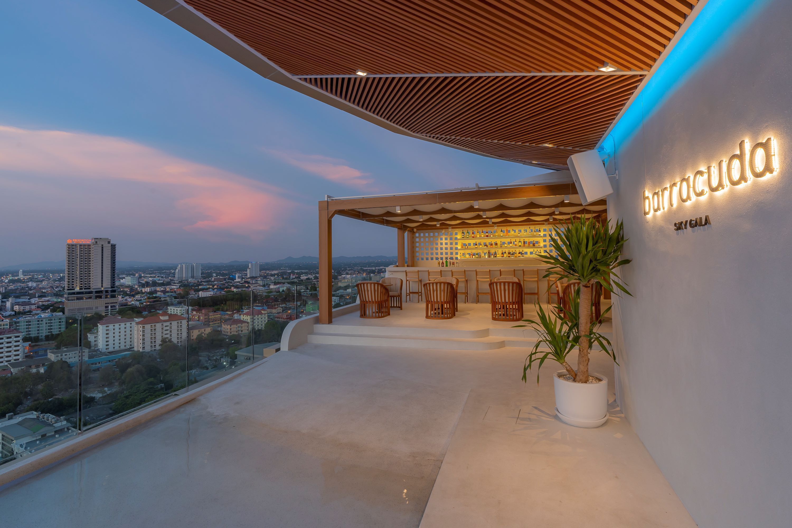 Un bar situé sur un toit, offrant une vue sur la ville, une enseigne indiquant « barracuda SKY GALA » et une plante en pot.