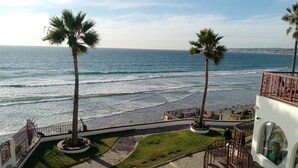 A coastal view with palm trees, a beach, and a building with outdoor seating.