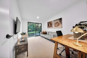 TV, fireplace, offices, computer monitors
