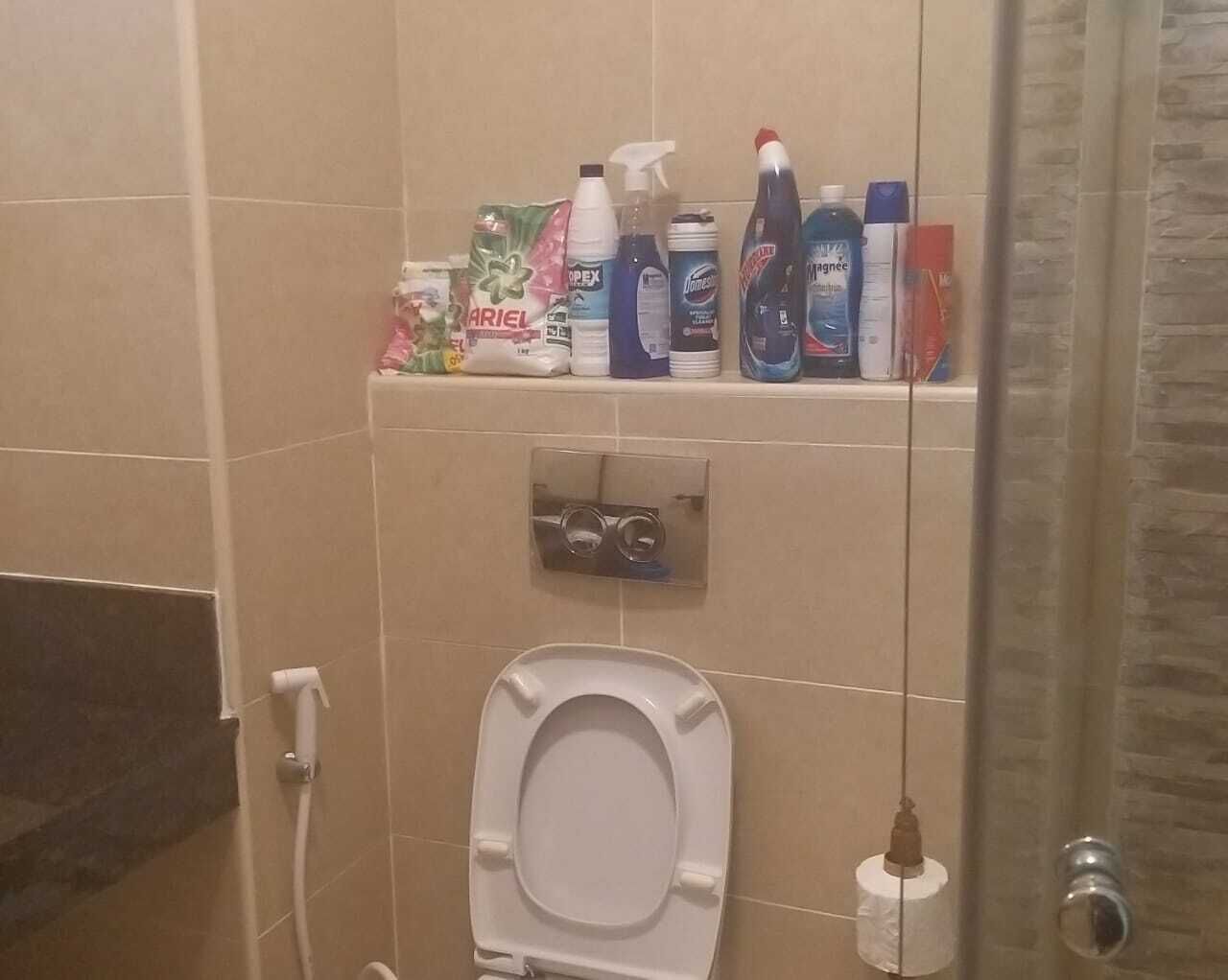 Um banheiro com vaso sanitário, prateleira com artigos de higiene pessoal e cortina de chuveiro.