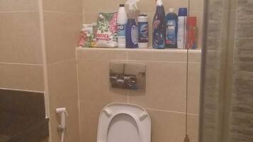 Um banheiro com vaso sanitário, prateleira com artigos de higiene pessoal e cortina de chuveiro.