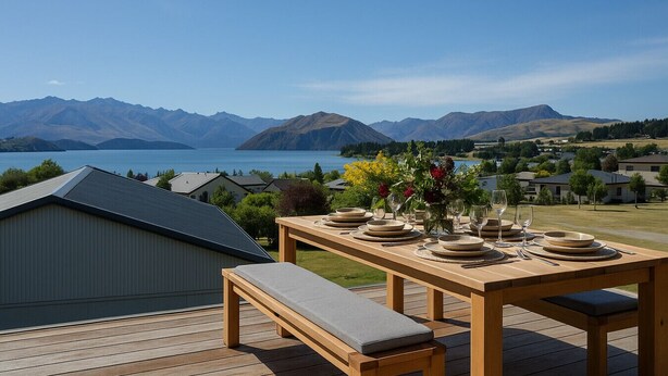 A wooden deck with a table set for dining, overlooking a lake and mountains. - Super Central in Wanaka - Luxury villa only a 10 minute walk to town (Wanaka)