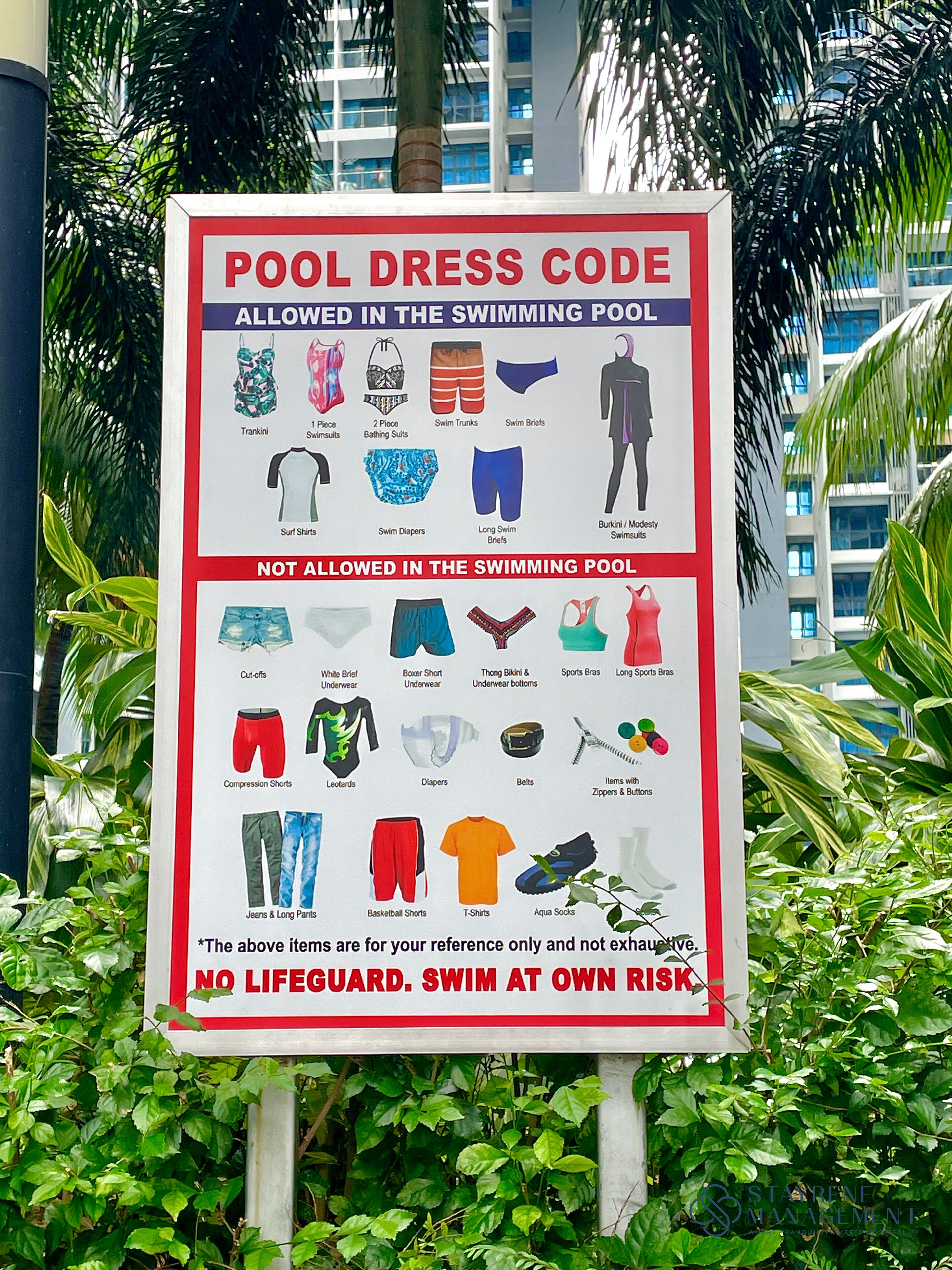 A pool dress code sign with allowed and not allowed items for the swimming pool.