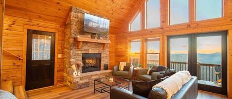 TV, fireplace, video games, foosball