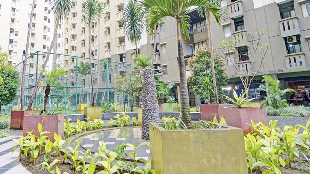 A courtyard with a circular garden, palm trees, and a tall, textured planter.