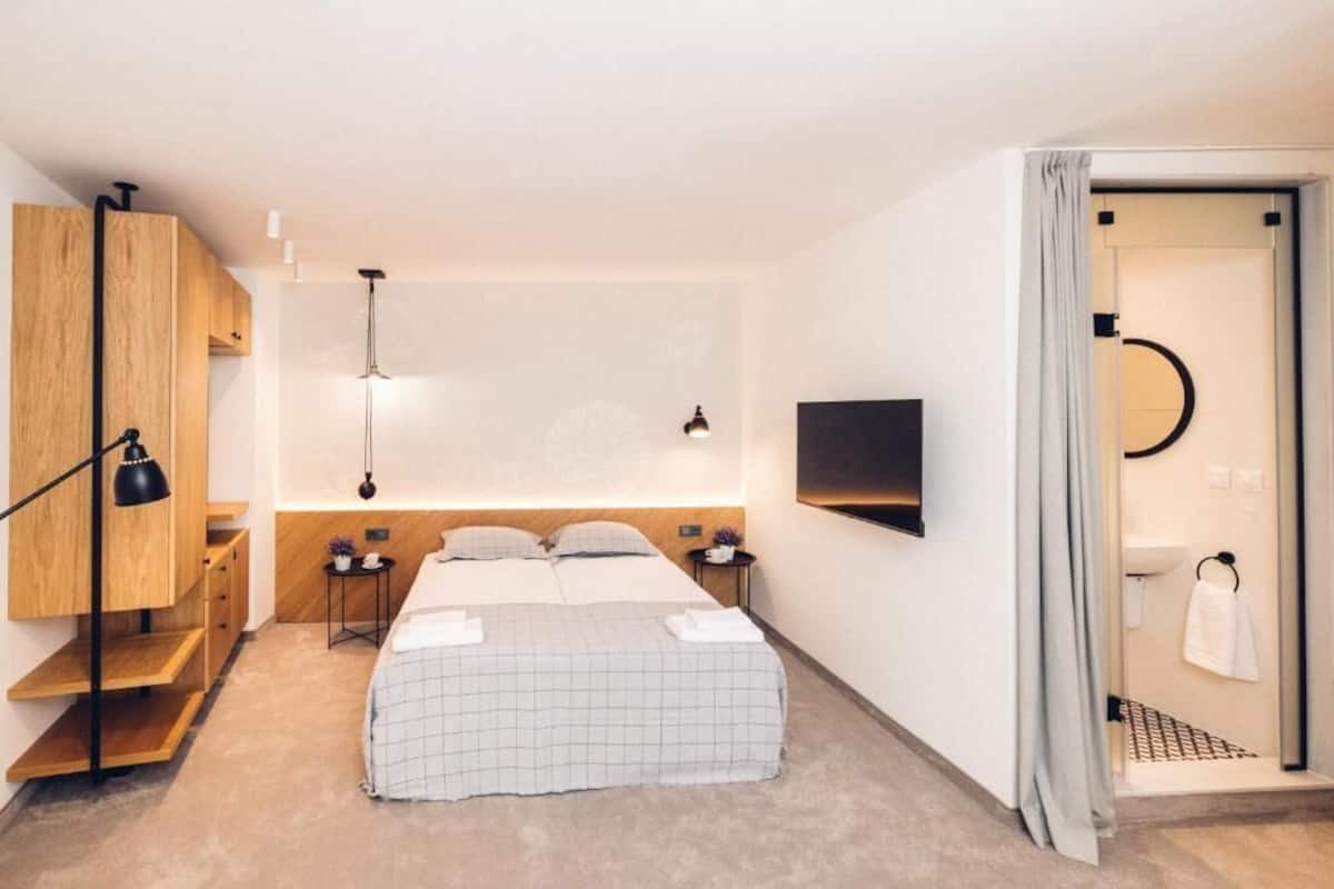 A modern hotel room with a bed, a TV, a desk, and a shower area.